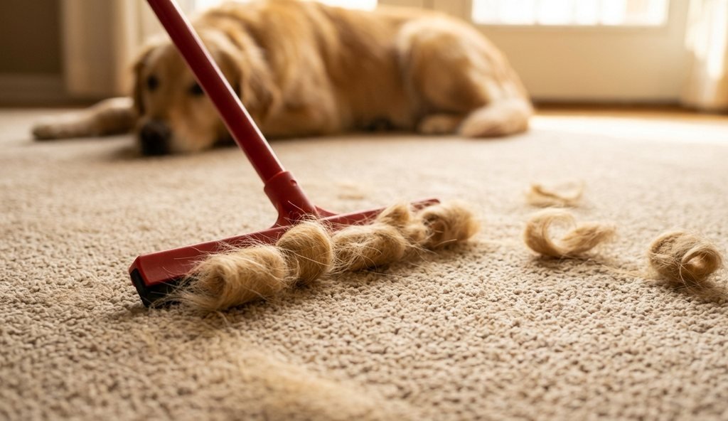 Escobilla de goma sacando el pelo de perro de una alfombra en rollos, con un golden retriever al fondo