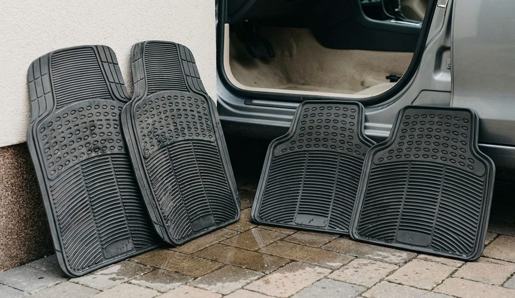 Cuatro alfombrillas de goma apoyadas fuera del coche tras enjuagarlas, con el suelo del coche a la vista
