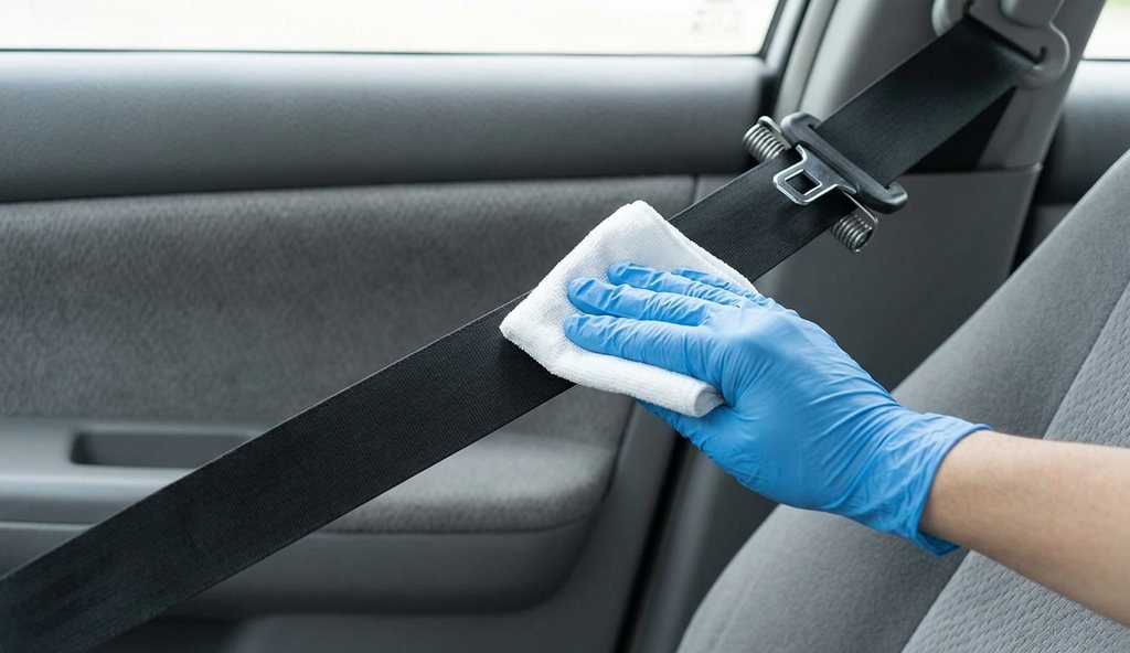 Cinturón de seguridad extendido limpiándose con paño