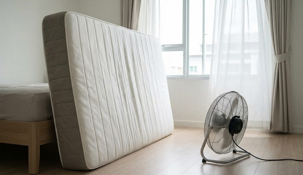 Colchón puesto de canto contra la cama con un ventilador de pie secándolo y la ventana abierta detrás