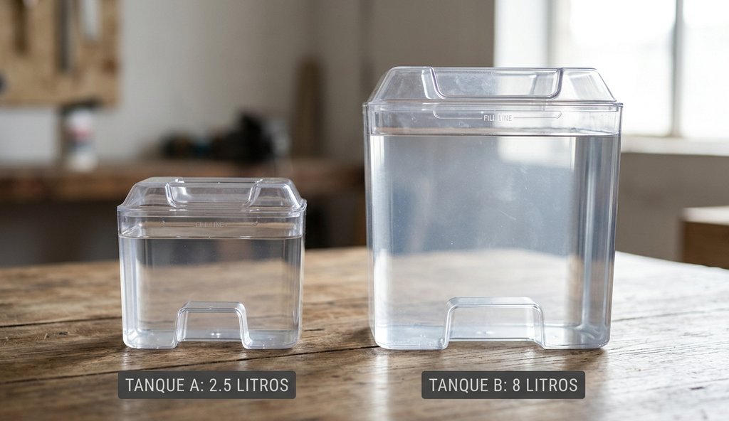 Dos depósitos transparentes de agua limpia, uno de 2,5 litros junto a otro de 8 litros