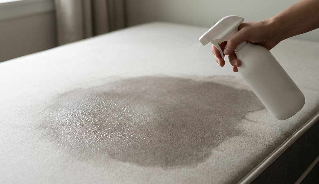 Pulverizador blanco empapando una zona amplia de un colchón, con la tela visiblemente saturada