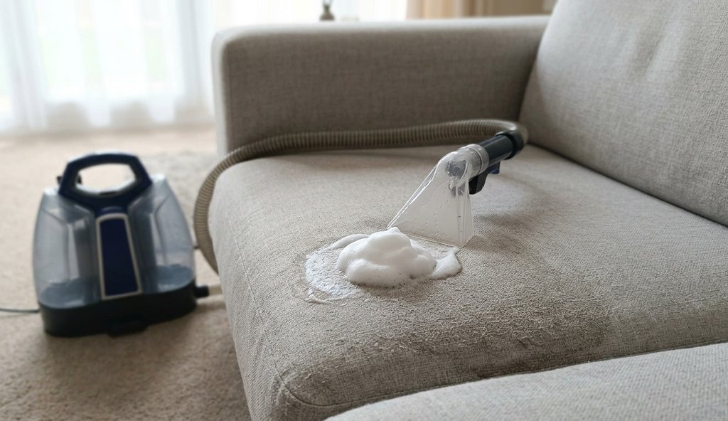 Espuma aplicada sobre un sofá con la boquilla de una máquina de inyección-extracción a punto de aspirarla