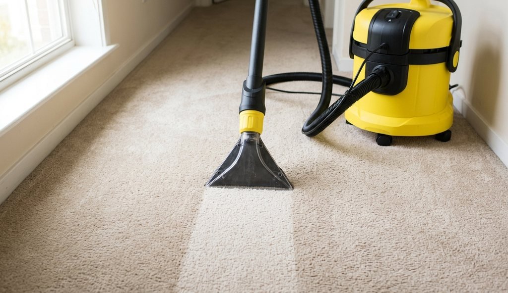 Cabezal de inyección-extracción dejando una franja limpia sobre moqueta beige de un pasillo