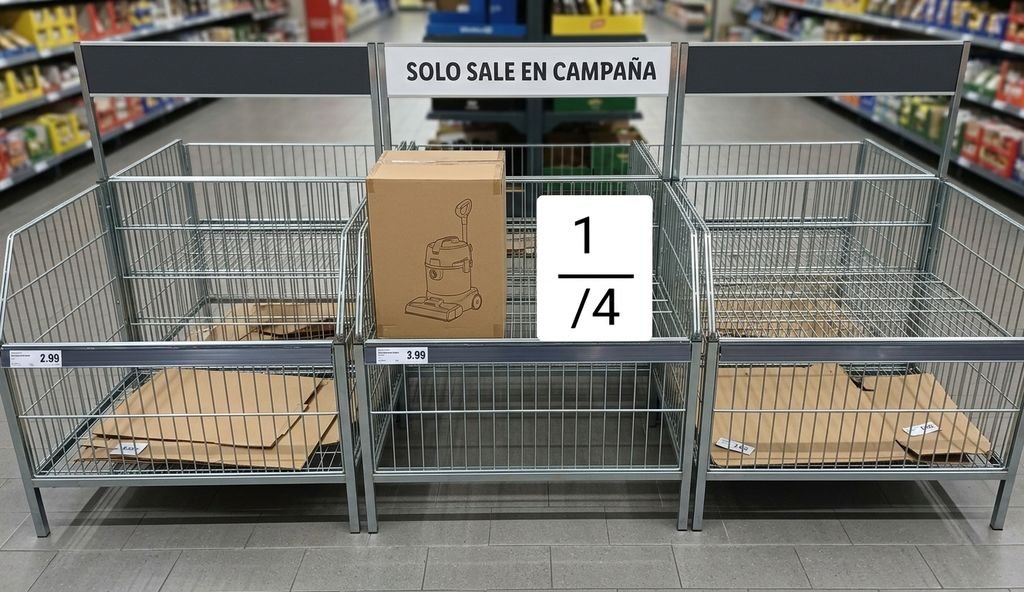 Expositor de campaña de supermercado casi vacío con una sola caja de limpiatapicerías