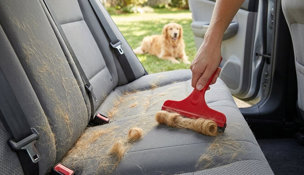 Tapicería de coche antes y después de eliminar pelo de perro y limpiar con máquina