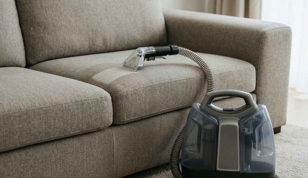 Máquina portátil de manchas junto a un sofá, con el cabezal de mano dejando una franja limpia en el cojín