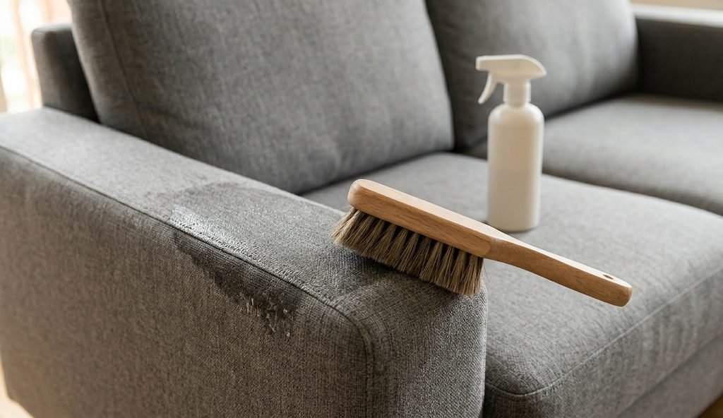 Brazo de sofá gris humedecido con pre-spray y un cepillo de crin suave apoyado encima