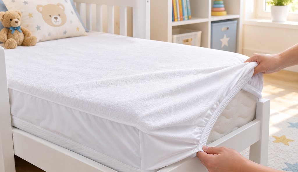 Cama con protector de colchón impermeable puesto