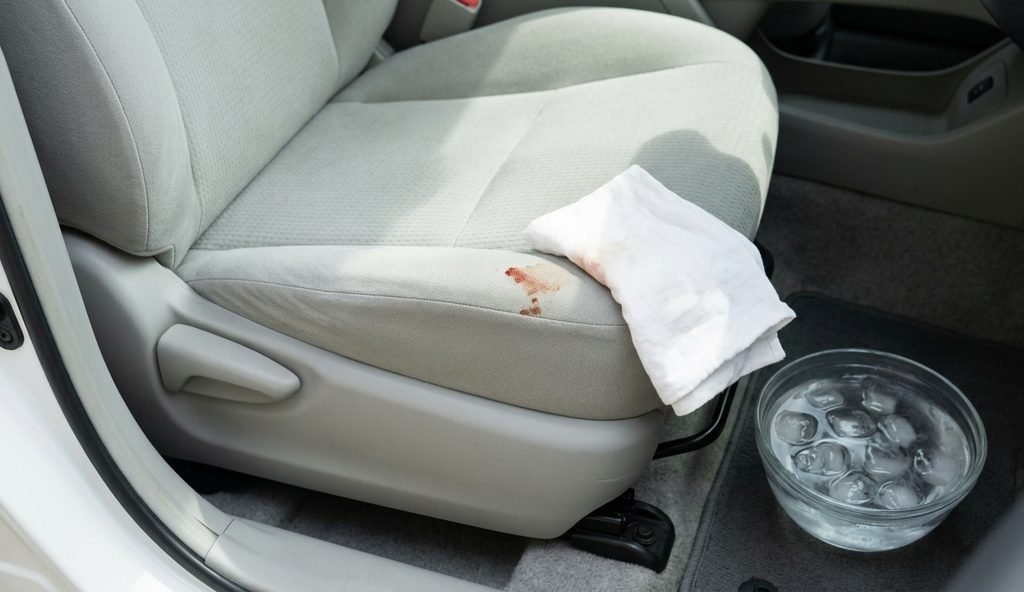 Paño blanco absorbiendo una mancha de sangre de un asiento de tela claro, con un bol de agua con hielo al lado