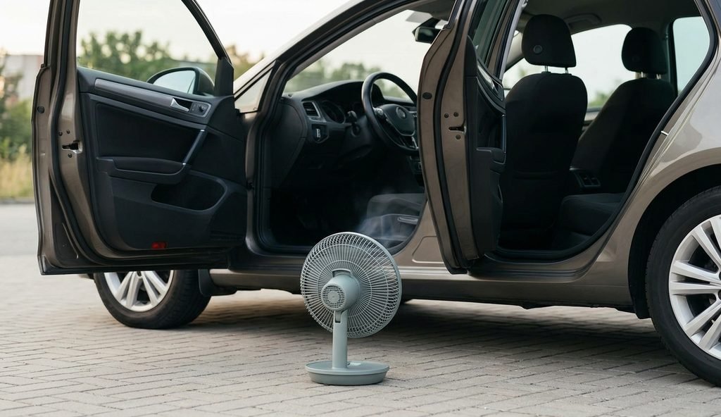 Ventilador de pie soplando hacia el interior de un coche con las cuatro puertas abiertas