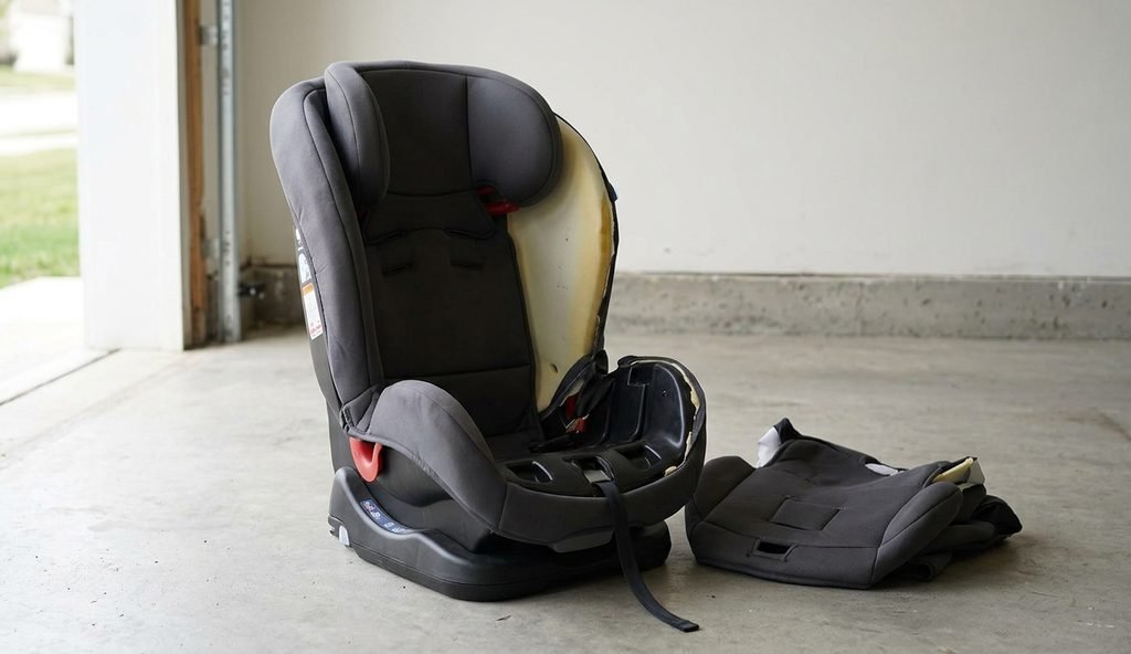 Silla infantil de coche con la funda de tela desmontada a medias, dejando a la vista la carcasa y la espuma